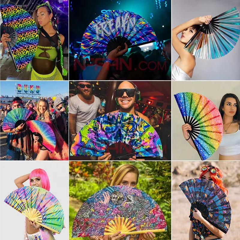 2023 Factory Wholesale Custom Logo Printing Large Rave Festivals Clack Bamboo Folding Hand Fan Handheld Fan