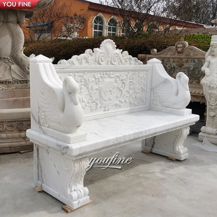 Hand Carved Natural Stone Outdoor Garden White Swan Statue Marble Bench Long Chair