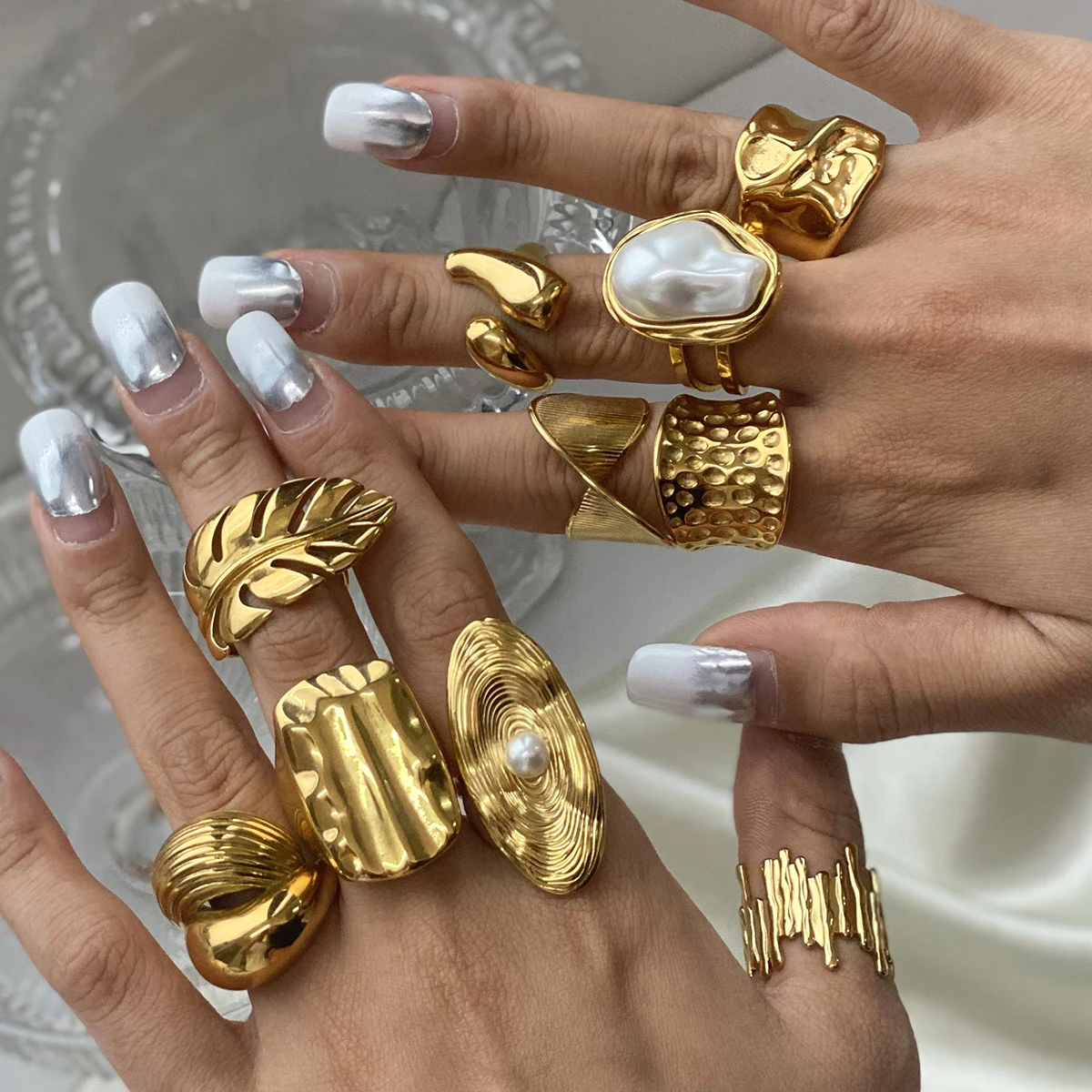 J&D Chunky Luxury Stainless Steel 18K Gold Plated Big Baroque Pearl Textured Irregular Rings