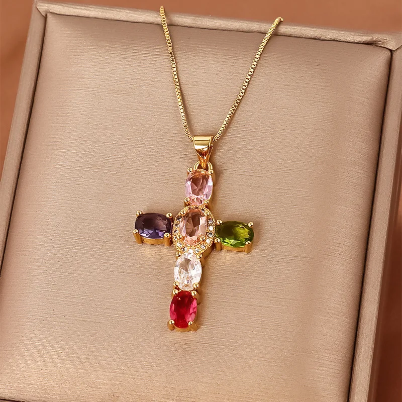 Fashion Gold Plated Multi Color Oval Shape Crystal Zircon Cross Pendant Necklace For Lady Gift