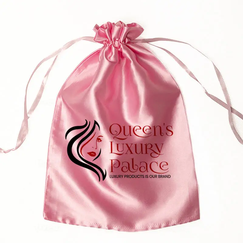 Wholesale Custom logo hair extensions Wig Storage Bags Drawstring Black Satin Silk Bag For Hair Bundle Packaging