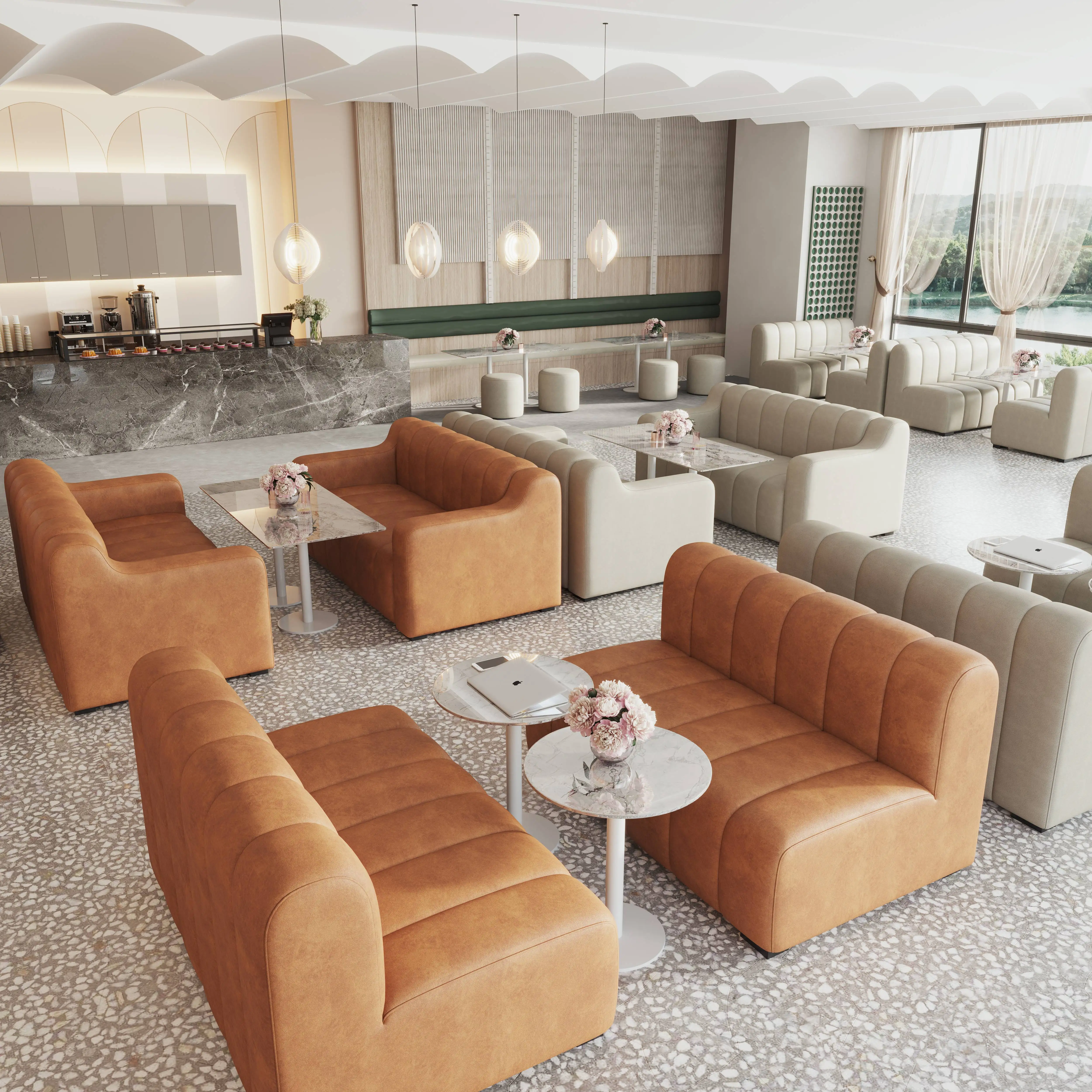 Modern Brown Restaurant Sofa Cafe Table And Chairs Furniture Set Restaurant Booth Tables