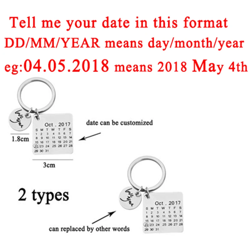 Personalized Custom Calendar Keychain Stainless Steel Key Chain Key Ring Heart Date Engraved Birthday Wedding Anniversary Gift