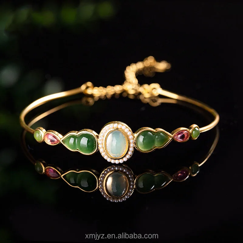 Certified 925 Silver Goldplated Inlaid Natural Opal Hetian Jade Jasper Gourd Gold Bracelet Bracelet Bracelet Female Jewelry