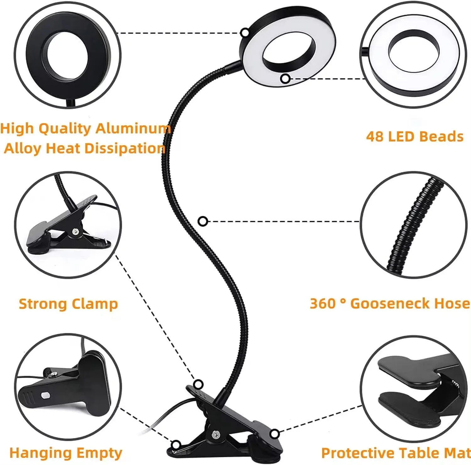 New LED Desk Lamp Clip USB Book Light Flexible Gooseneck Dimming Reading Light Eye Protection Ring Lamp Live Selfie Fill Light