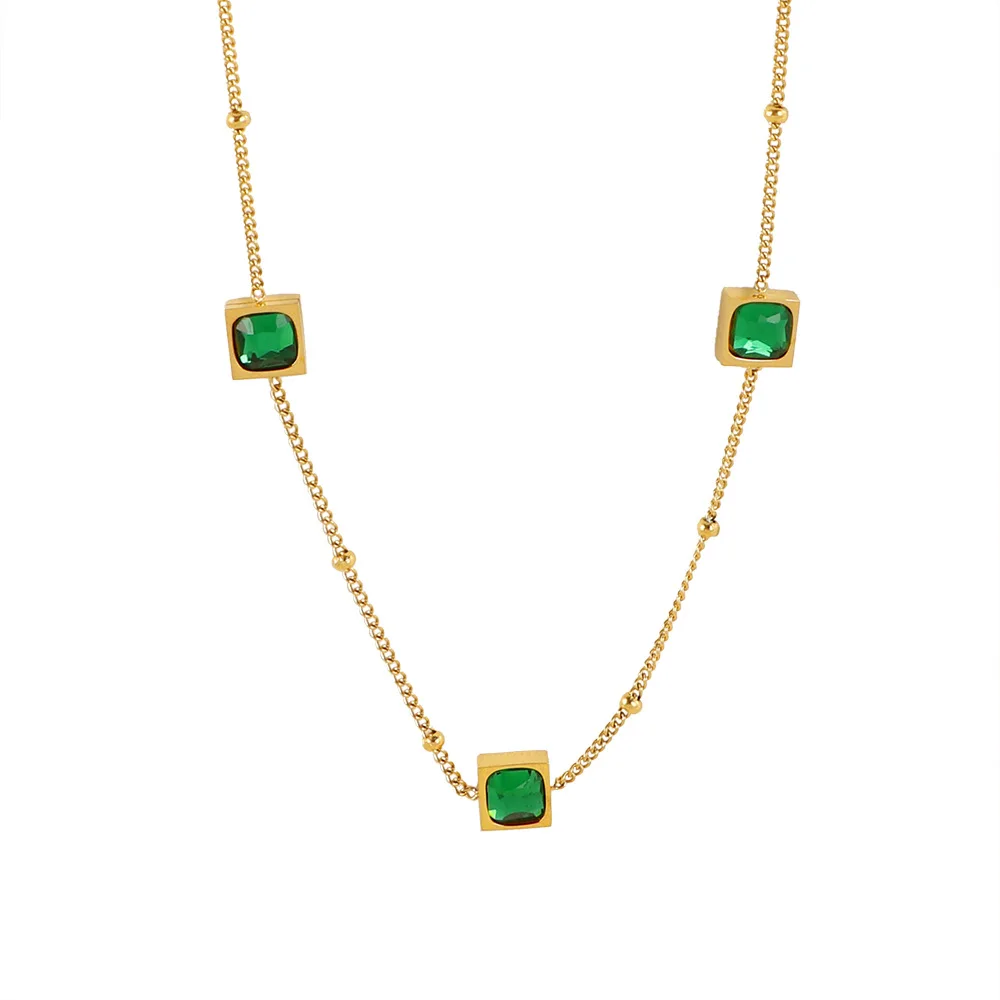 18K PVD Gold Unisex Surgical Stainless Steel Necklace Set with Emerald Green Zircon Fashion Jewelry Accessory for Men and Women