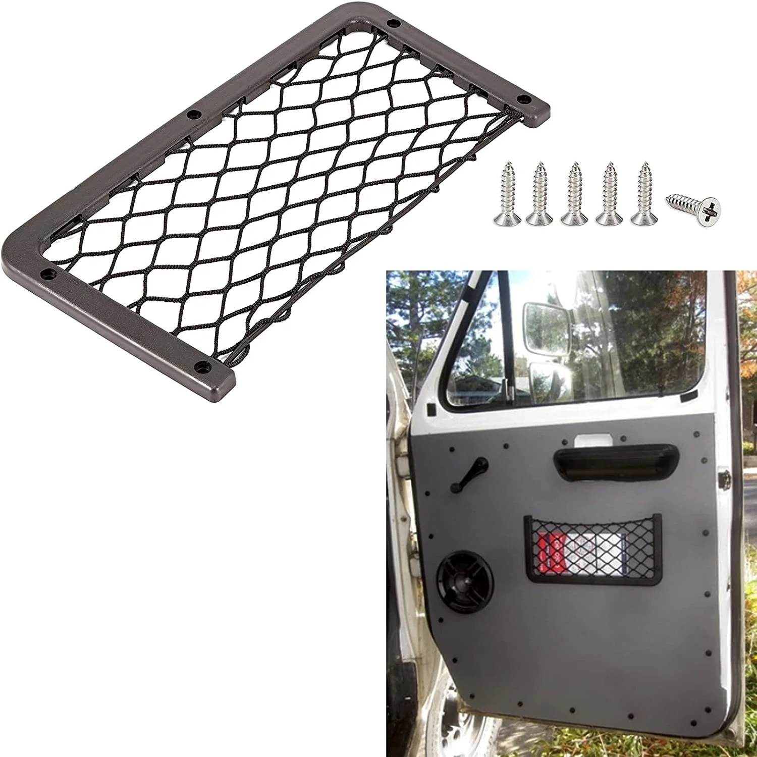 Car Storage Net Bag, ABS Plastic Frame pocket with Stretchable Mesh Net, Universal String Bag Car Seat Side Back Stick-on for Pu