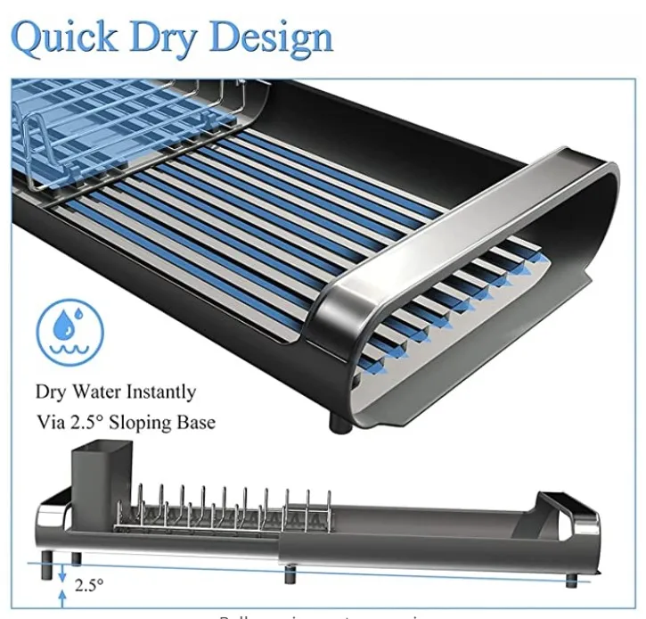Dish Drying Rack Small Compact Extendable in Sink Plastic and Steel, Dish Racks Expandable Rustproof Dish Drainer Non-Slip Feet