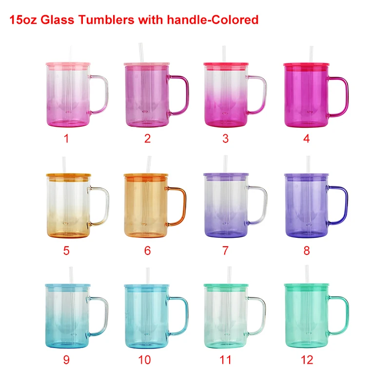 New Arrival Stocked 15oz Frosted Clear Glass Can Sublimation Blank Soda Mason Jar Milk Beer Cup with Colorful Lid and Straw