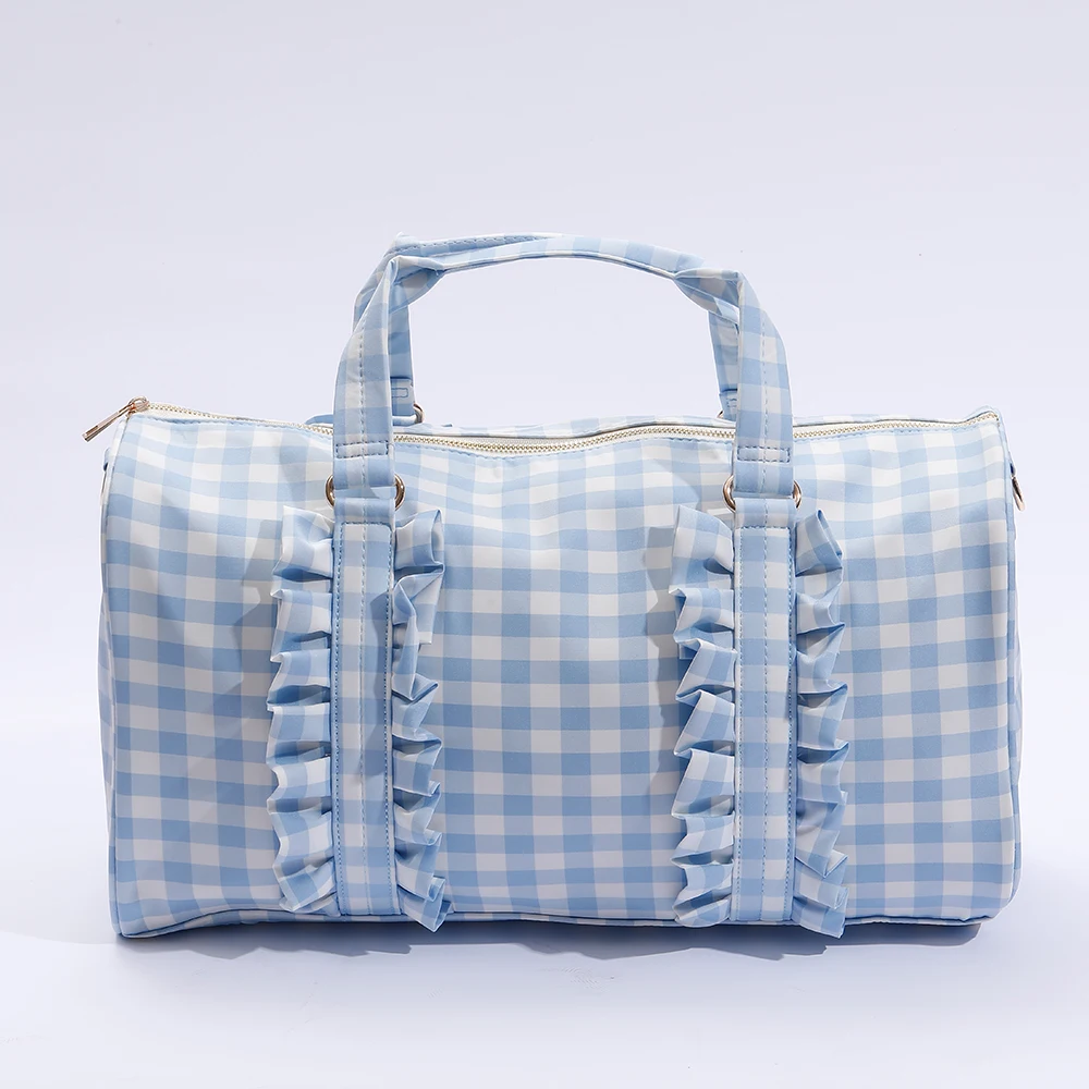 RTS Stock Beige INS Fashion Polyester Ruffle Personalized Glitter Patches Women Girls Leisure Classic Custom Travel Duffel Bag