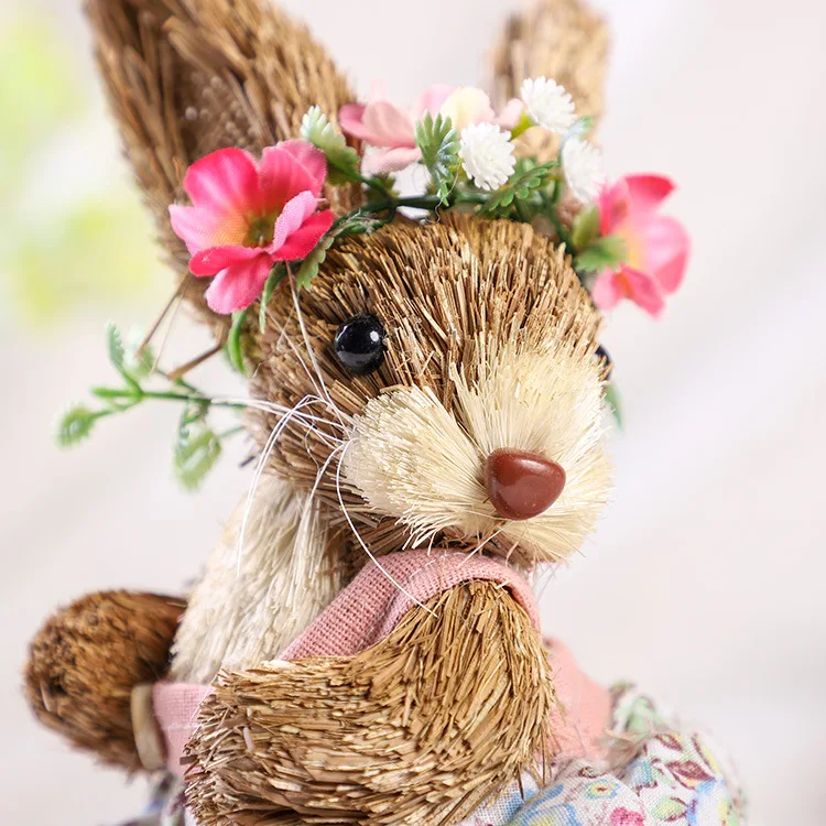 Easter Straw Bunny Figurine Ornament Creative Straw Rabbit Doll with Flower Wreath Apron Standing Figurines Holiday Party Home