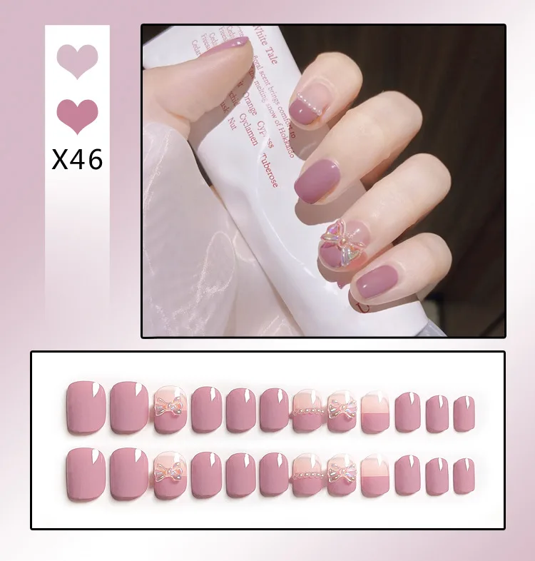X46 24 pieces package of fake nails, gentle bean paste bow, removable and reusable nail art press on nails