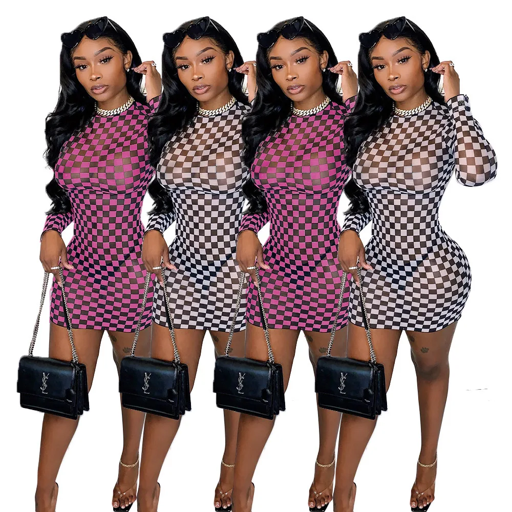 
2021 New Dress See Through Checkered Mesh Women Casual Long Sleeve Dress Women Elegant Sexy Dresses 