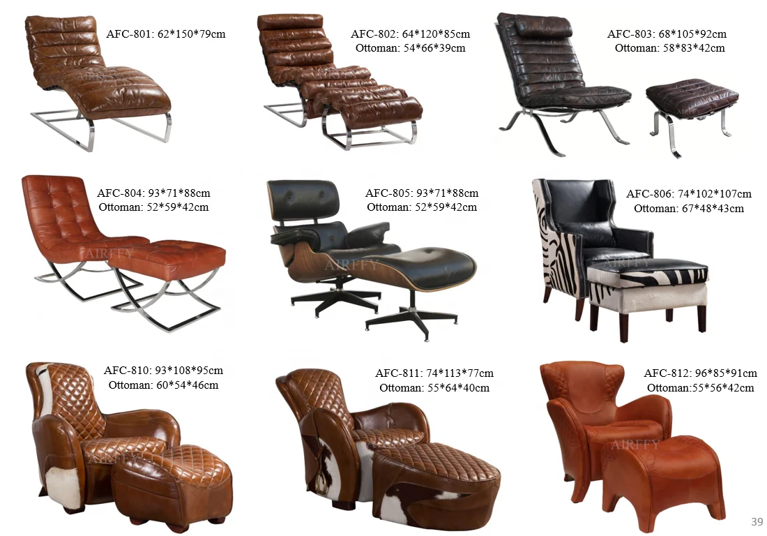 Vintage Style Top Grain Leather Sling Chair with Ottoman for Living room