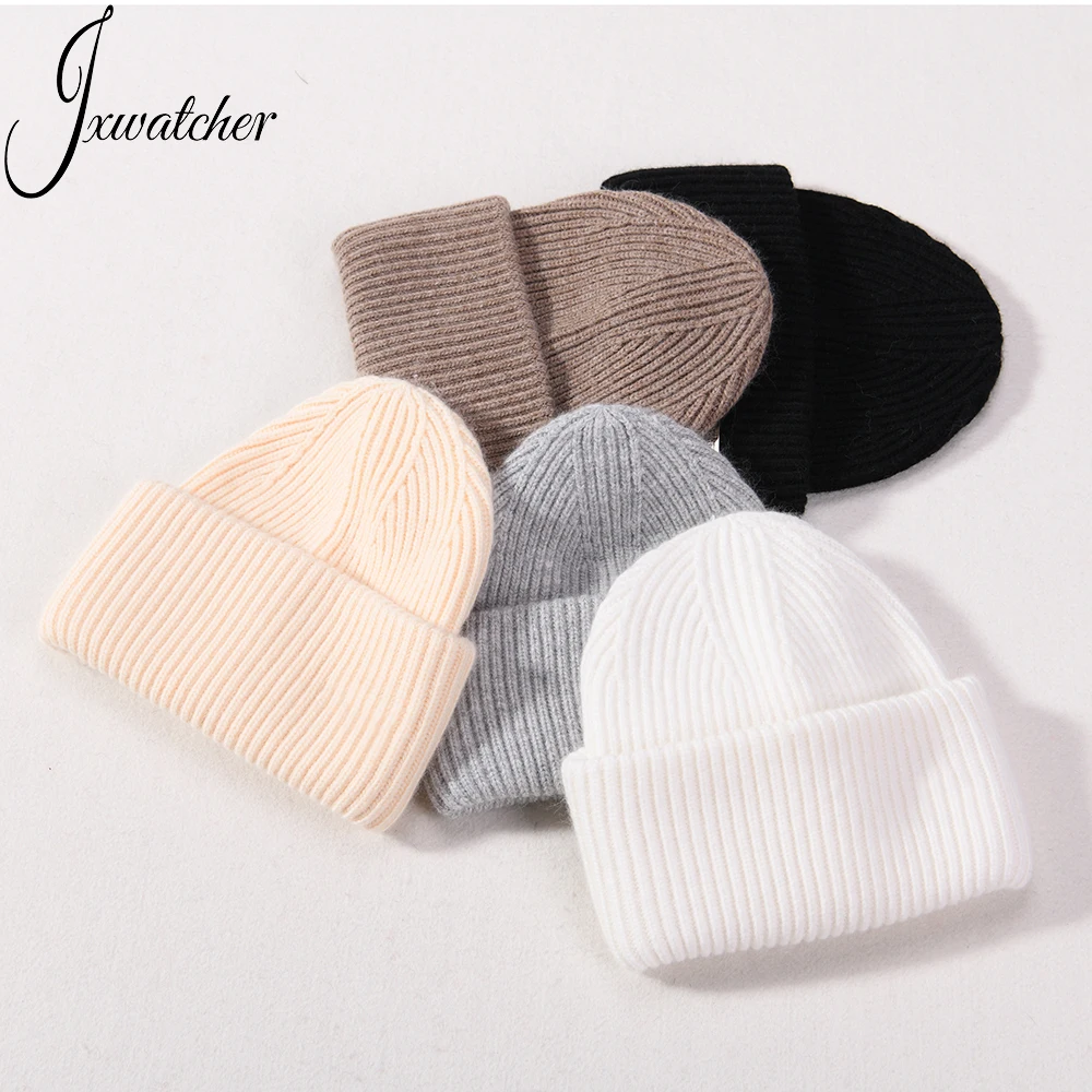 Soft Double Cuffed Thick Warm Custom Logo Wholesale Wool Knitted Hat Pure Color Plain Unisex Winter Cashmere Gorros De Invierno