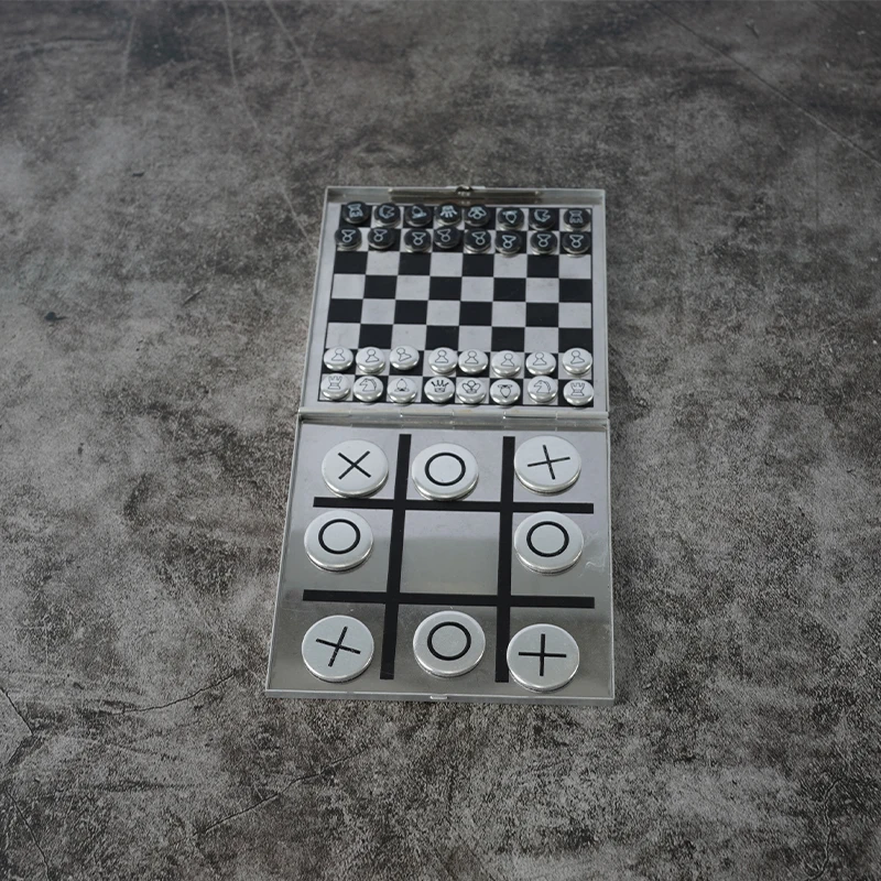 New 2 in 1 magnetic mini metal tic tac toe and chess board aluminum chess set tic tac toe