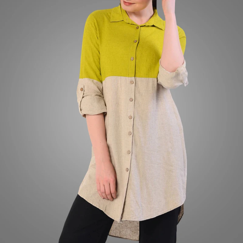 Simple Arab Ethnic Women Muslim Islamic Tunic Long Sleeves Stitching Blouse Turkish Tunics For Women Front Button