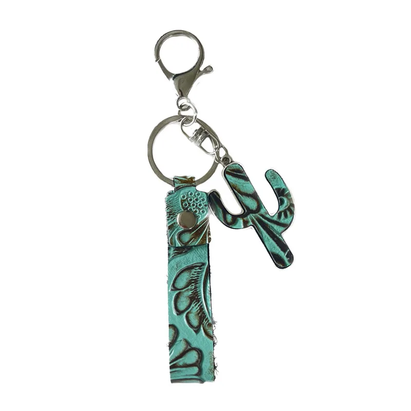genuine leather keychain cactus embossed green custom leather keychain