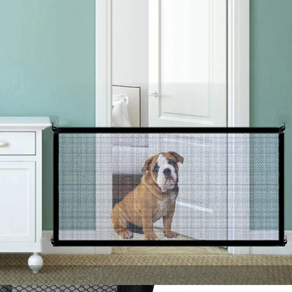 Pet Dog Barrier Fences With 4Pcs Hook Pet Isolated Network Stairs Gate Folding Breathable Mesh Playpen For Dog Safety Fence Cage