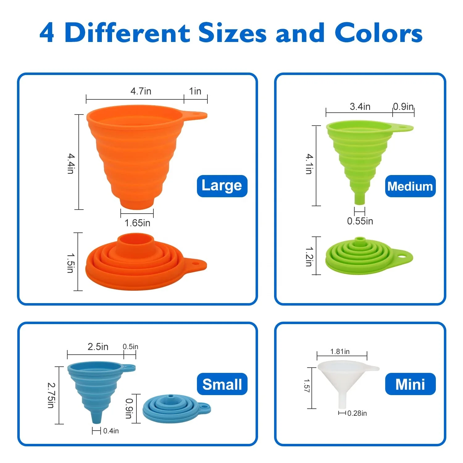 Silicone Collapsible Funnel Food Grade Medium Small Mini Large Foldable Kitchen Funnels for Wide Mouth Jar Transfer Oil Powder