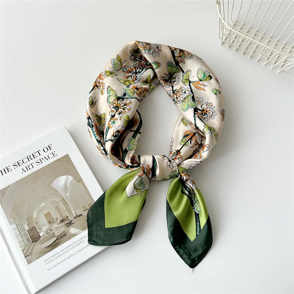 New Design Silk Feeling Scarf Custom Printing Flower Square Twill Bag Scarf Silk For Women High Quality