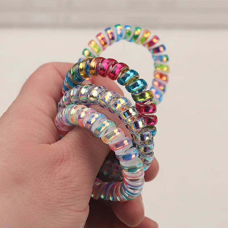 Iridescence Metallic Phone Cable Hair Band Leather Band Fashion Big Hand Ring Basic Hair Band for Women Young Girl Scrunchie