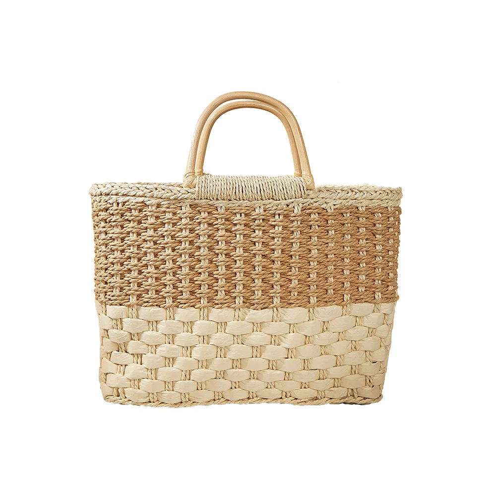 Fashion Casual Woven Handmade Ladies Straw Multicolor Basket Tote Bag Vintage Women Shopping Handbag Stick Handles Big Capacity