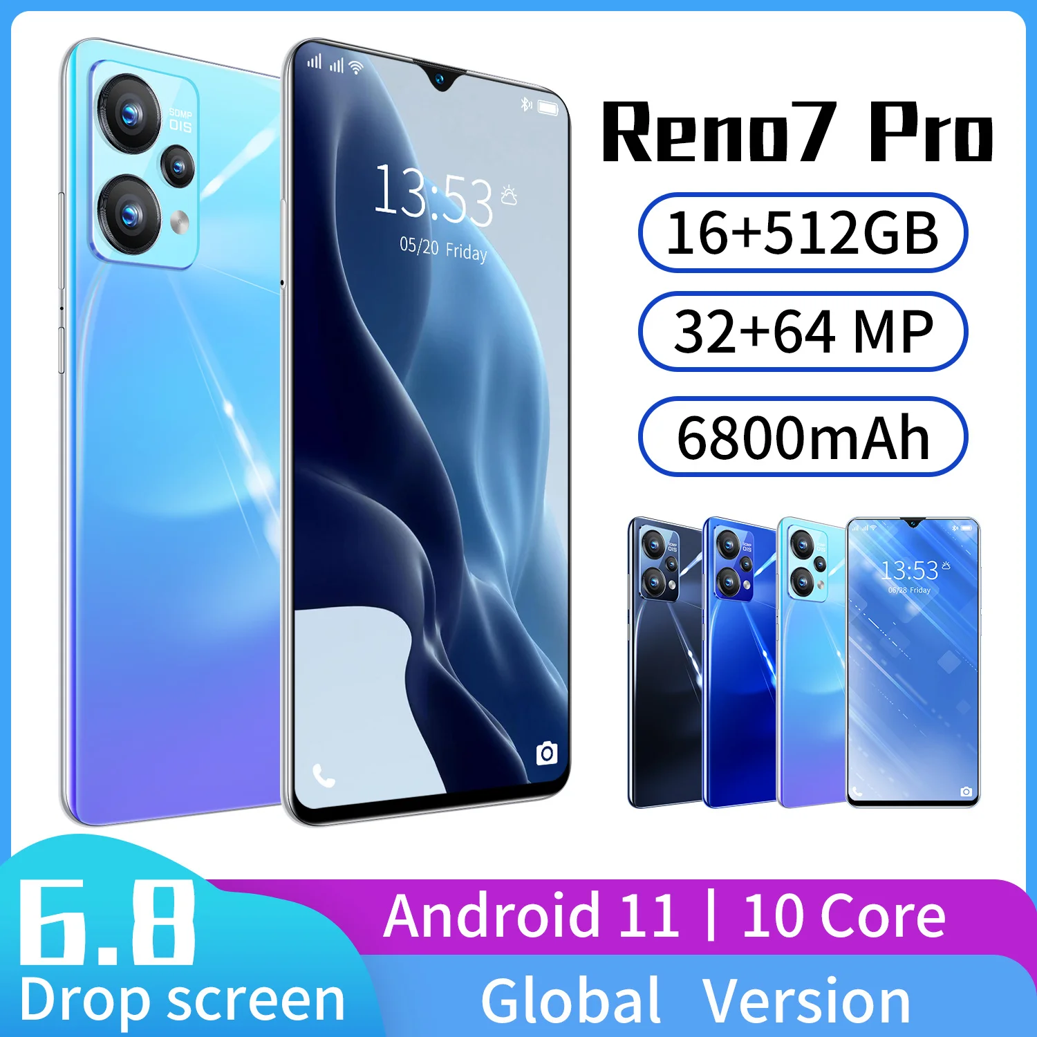 Hot selling Reno7 Pro smartphone 6.8 inch 16+512GB unlocked smart phones dual SIM 10 core android cell phone