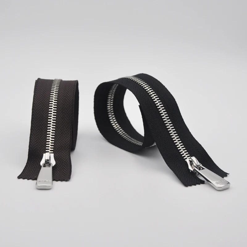 
Zipper Manufacture Helper Custom Logo High Quality #10 European Teeth Shine Nickel Long Chain Metal Baby Zippers With Black Tape 