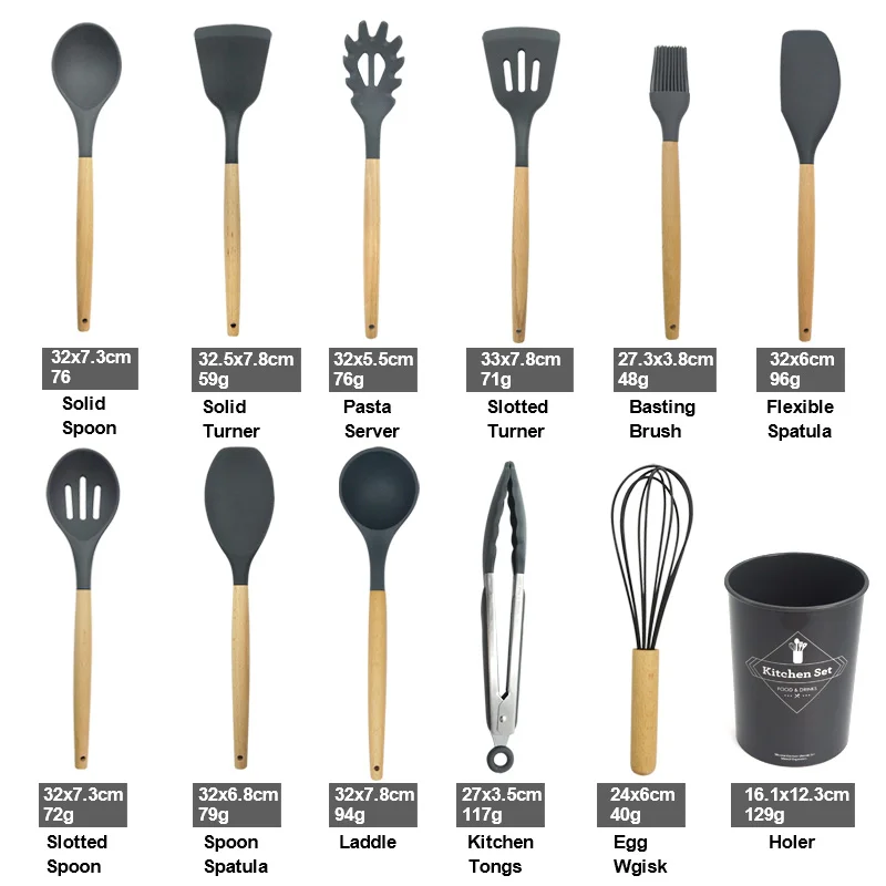 Factory Direct Price 12 PCS Silicone Kitchen Utensils Set Accessories Cooking Tool Set With Beech Wood Handle