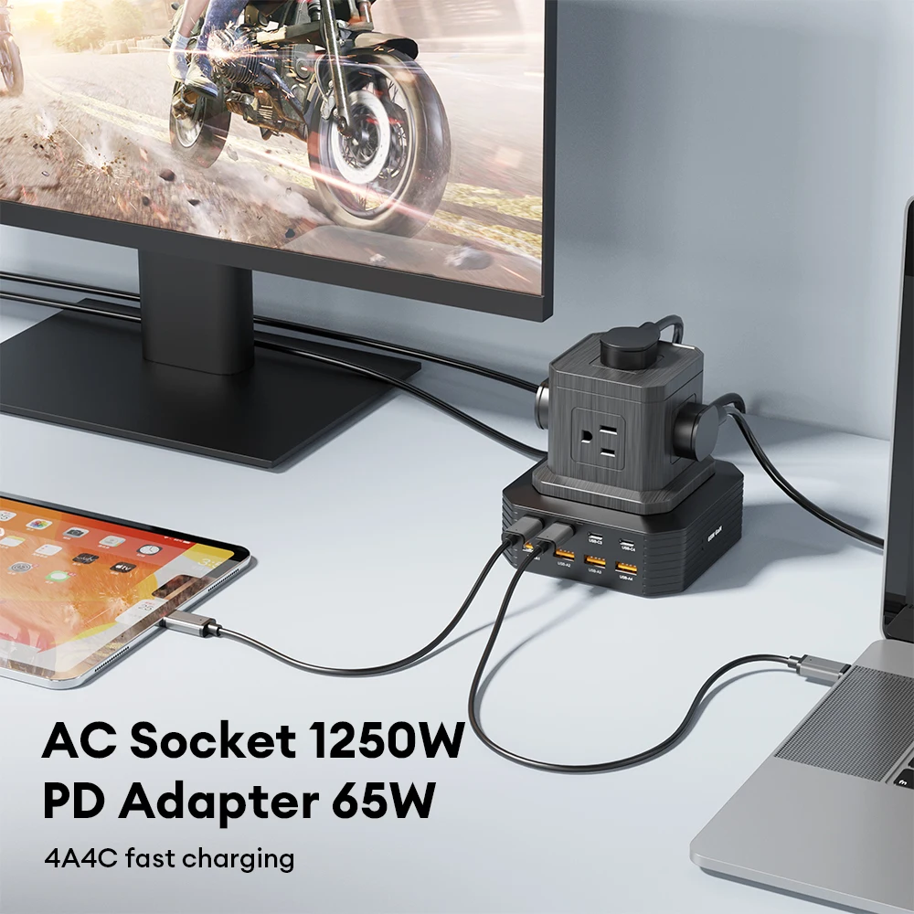 Vina 65W 4A+4C multi ports Fast Charger Power Extension Strip,Pd 20w Power Extension Socket,Type-c Cube Power Socket