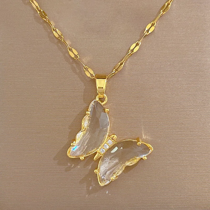 Wholesale Fashion Gold Plated Stainless Steel Inlaid Zircon Butterfly Pendant Necklace Jewelry For Women