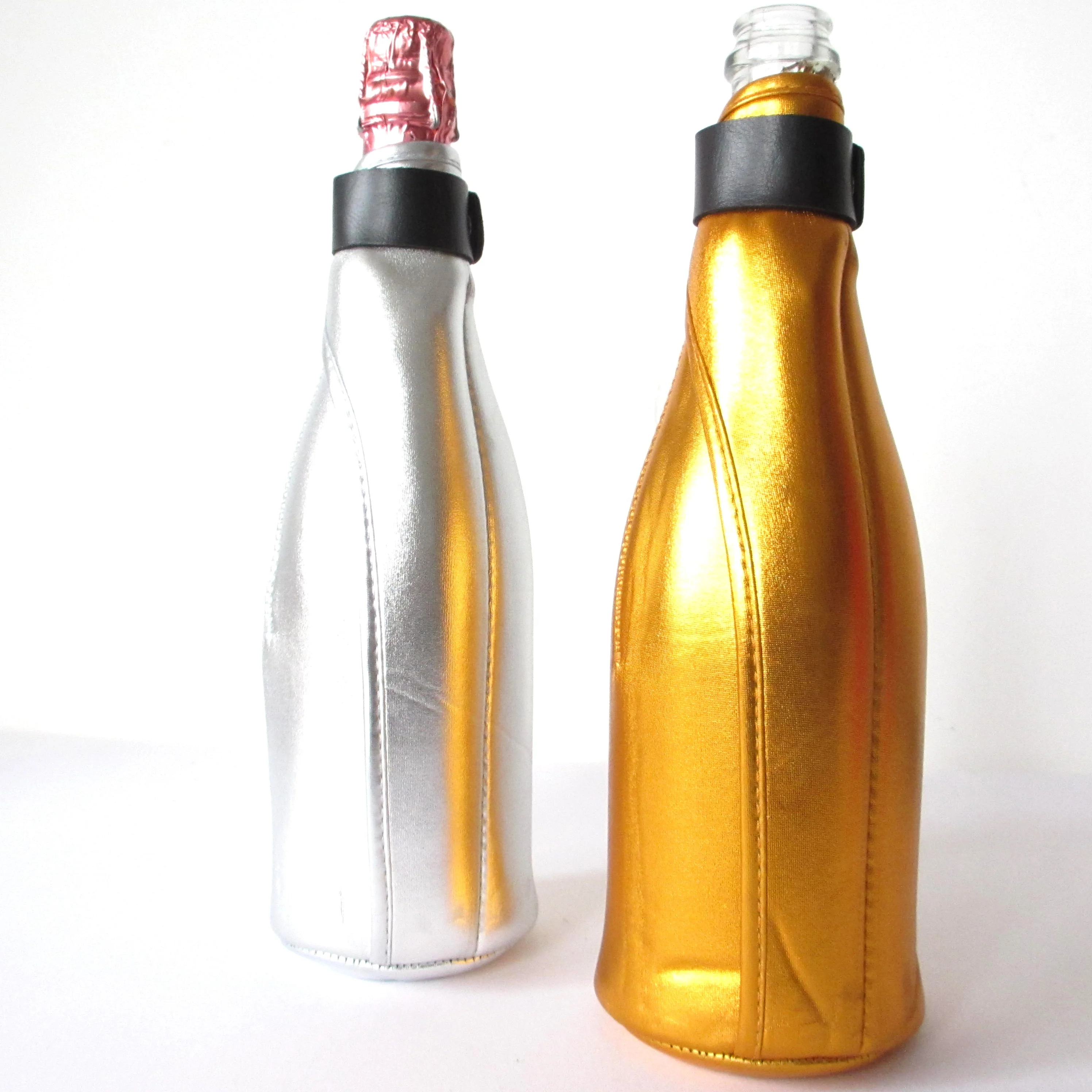 Custom Logo Shiny Neoprene Champagne Bottle Cooler 750 ml Bag Zip up Metallic Neoprene Sparkling Wine Bottle Cover