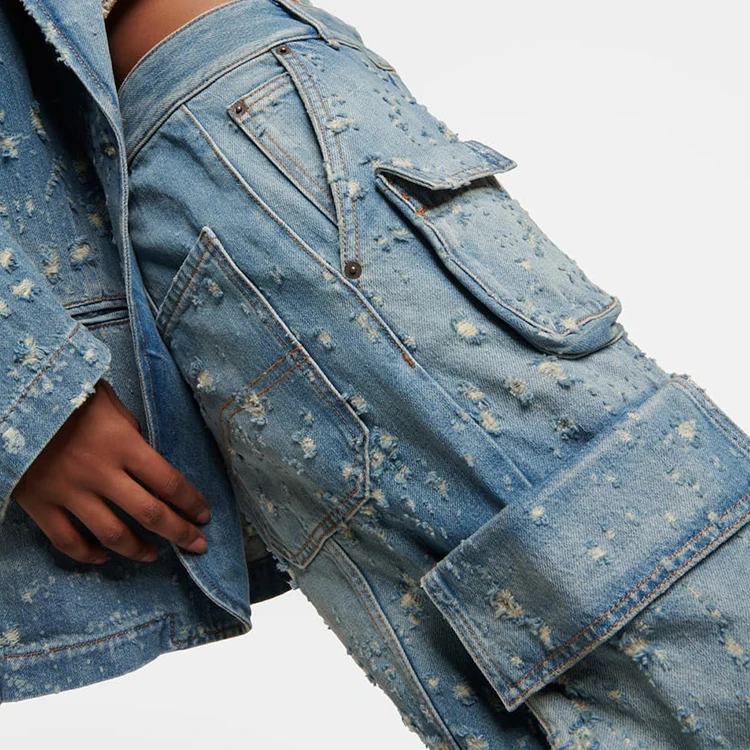 DiZNEW Design Streetwear Waist Women Jeans 2023 Cargo Loose Blue Wide Leg Denim Pants For Ladies