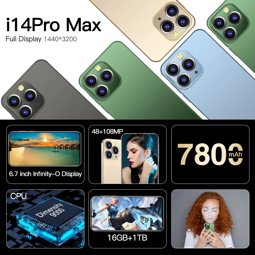 HOT SELLING Phone i 14 Pro Max 16gb+1tb 6.7 inch Android 12 Phones Wholesale Cheap Unlocked Gaming Cell Phone