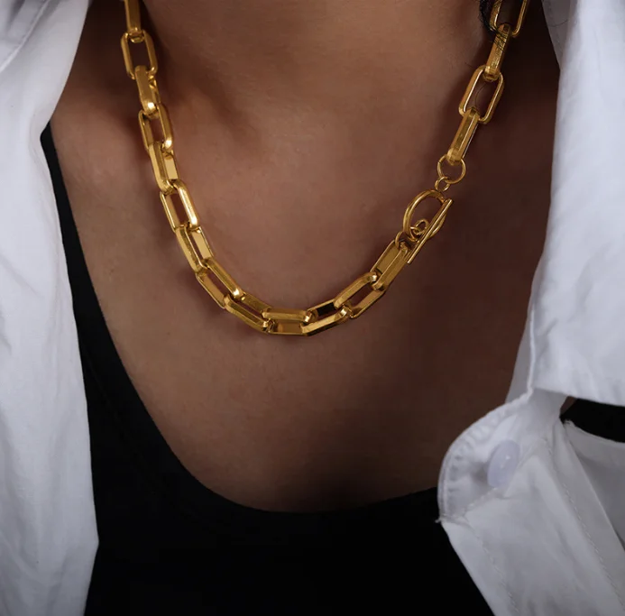 Hip Hop Fashion Thick Link Chain Necklace Bracelets Women 18K Gold Silver Minimalist Chunky Bold Cuban Chain Necklace Set