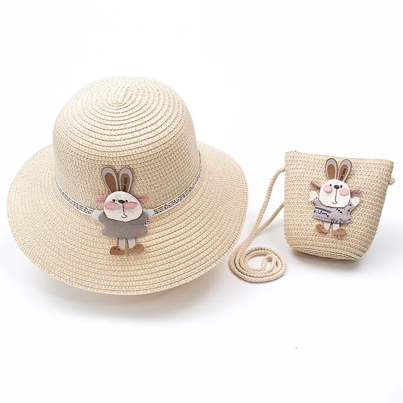 Children girls summer sun bucket straw hats kids beach bag and hat set