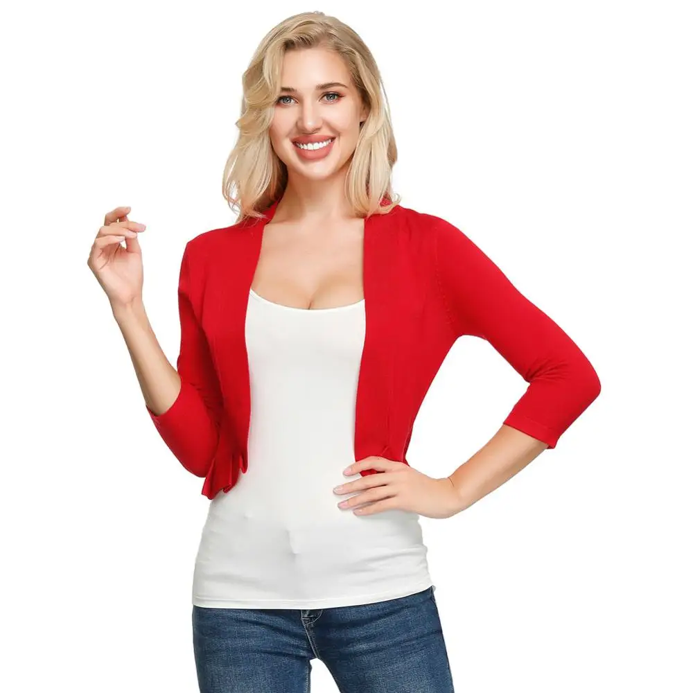 KCE02040 KK Womens Pleated Knitted Bolero Shrug Knitwear 3/4 Sleeve Open Front