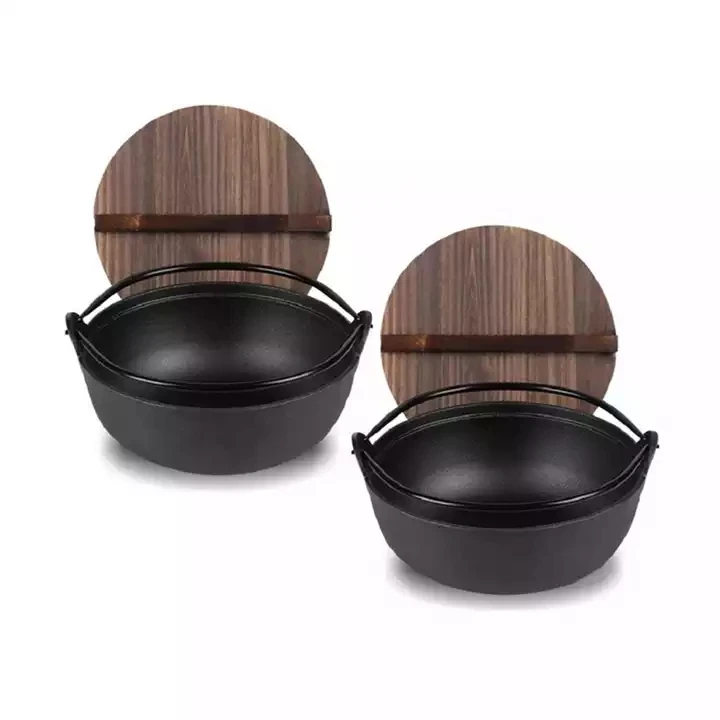 M-cooker Japanese Style Traditional Cookware Cast Iron Sukiyaki Nabemono Small Personal Size Soup Hot Pot With Wooden Lid