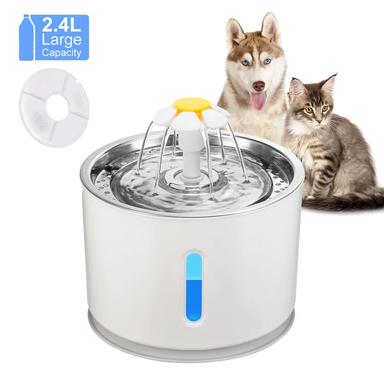 Cat Water Fountain with Stainless Steel Lid 2.4L/81oz Automatic Cat Fountain with LED Light and Water Level Window