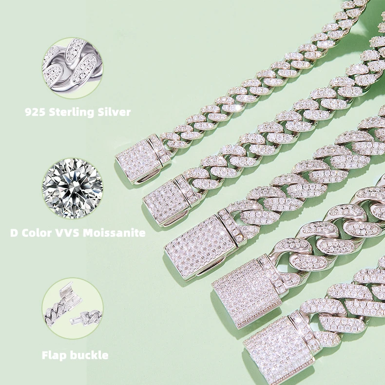 925 Sterling Silver 6mm Miami Cuban Chain Bracelet Iced Out Bling Hip Hop Moissanite Diamond Prong Cuban Link Chain Necklace