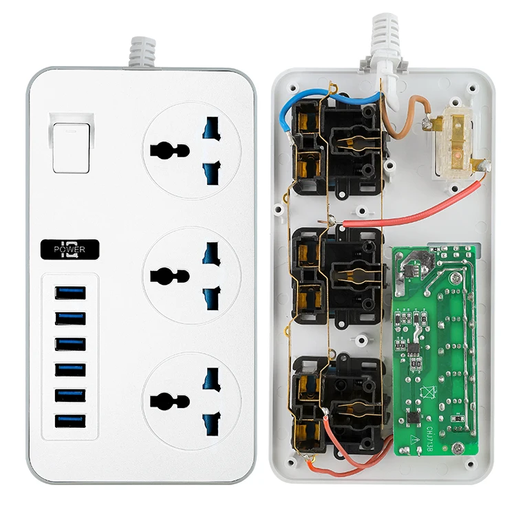 2021 hot-selling power strip with 3 sockets and 6 USB charging ports 2 meter long home and office extension cord