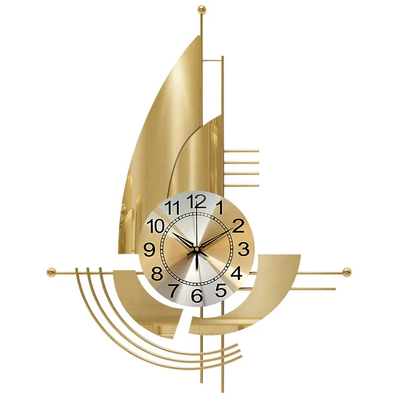 Modern simple golden silence metal wall clock sailboat design for living room bed room office hotel background wall clock