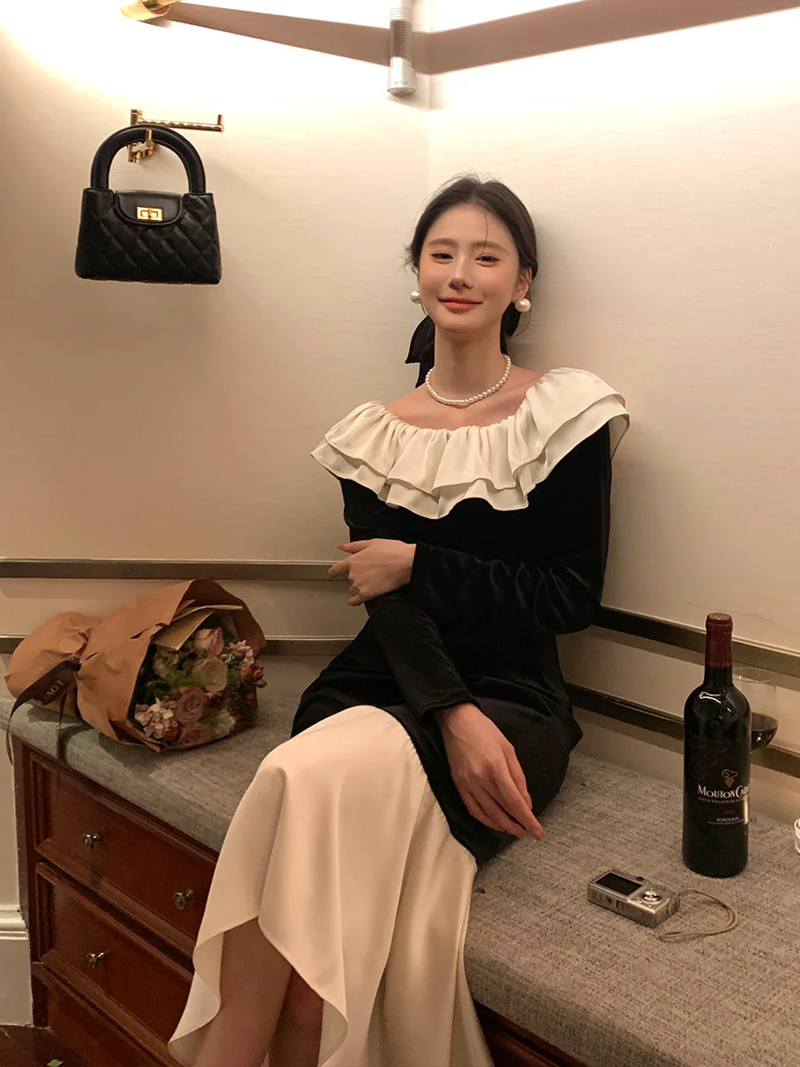 Winter slim-fit elegant elegant shoulder base velvet dress annual meeting fishtail long skirt