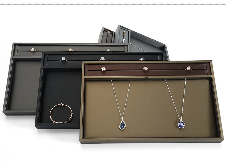 factory high quality PU leather cover wooden diamond ring earring necklace pendant jewelry display choose tray stock wholesale