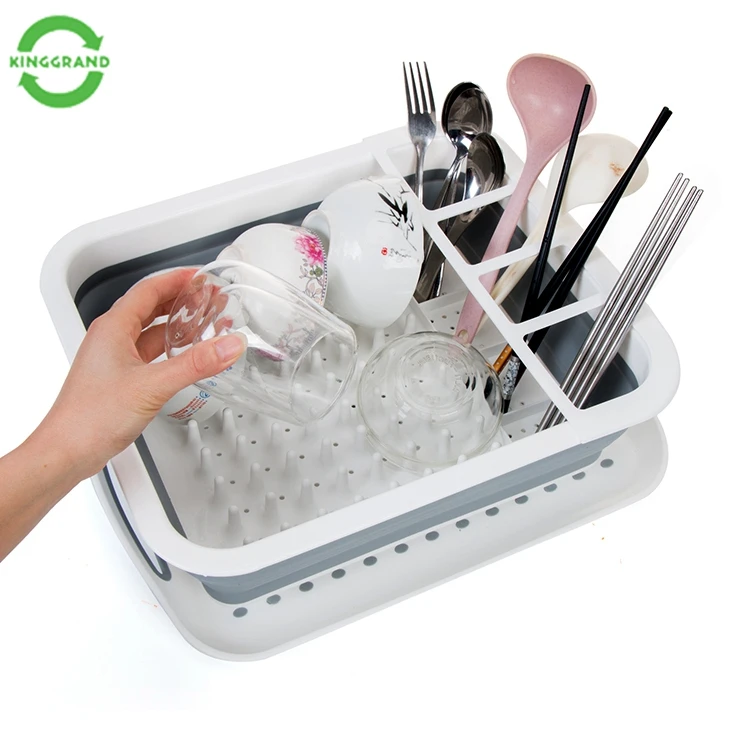 Plastic Easy Storage Collapsible Dish Rack Dish Drying Rack with Cutlery Holder