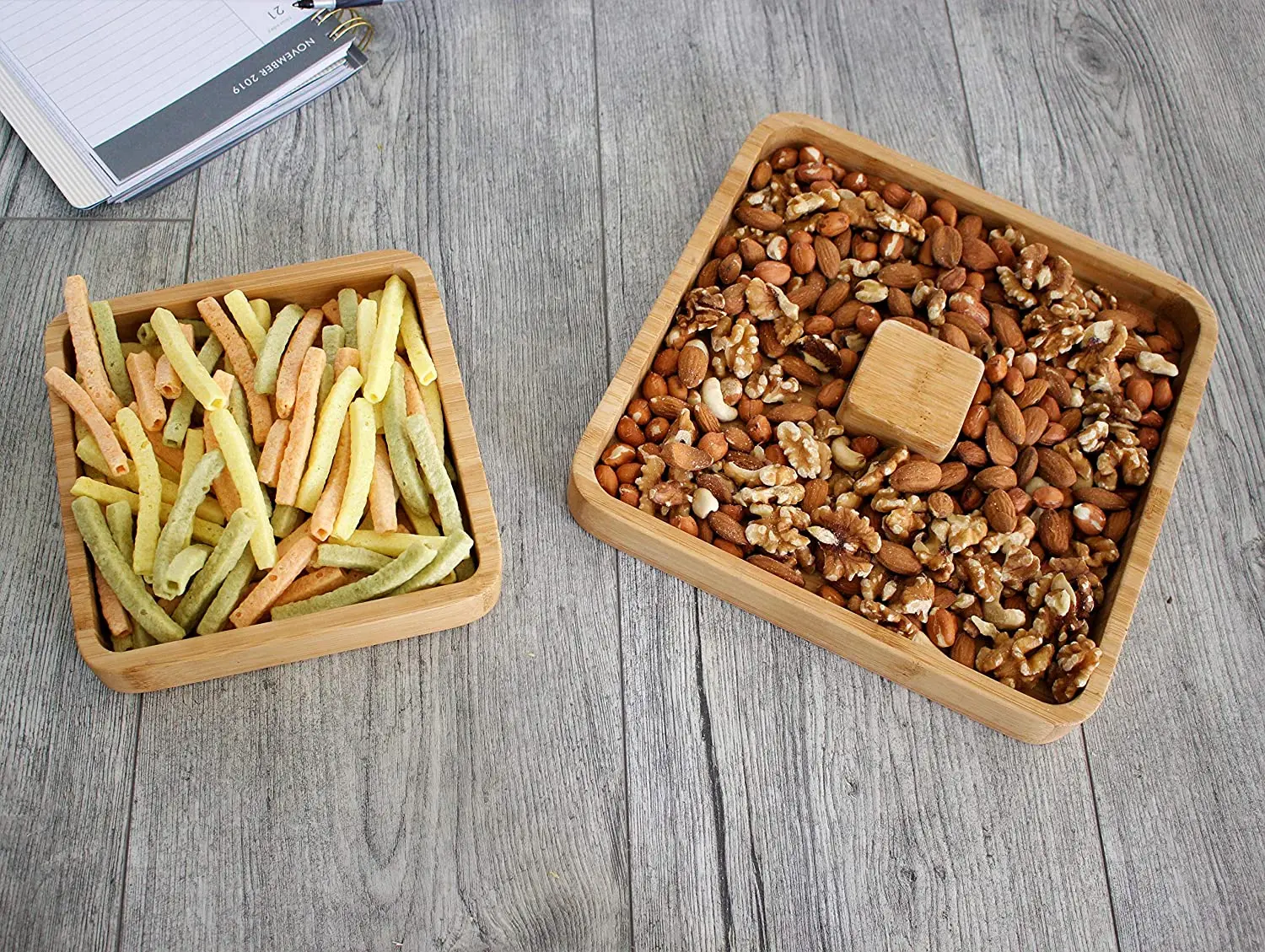 Bamboo Pistachio Snack Bowl Double Dish Holder Bowl Pedestal and Sunflower Seed Nut Bowl with Shell Storage tray