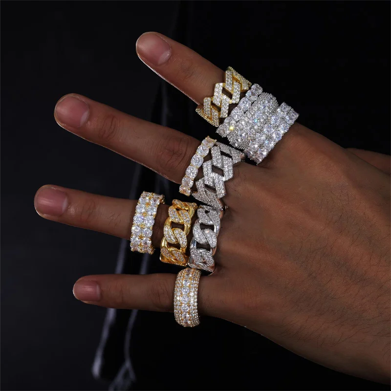 Fine Jewelry Iced Out Hip Hop Cuban Link Ring Gold Plated 925 Sterling Silver VVS Moissanite Diamond Finger Band Ring For Men