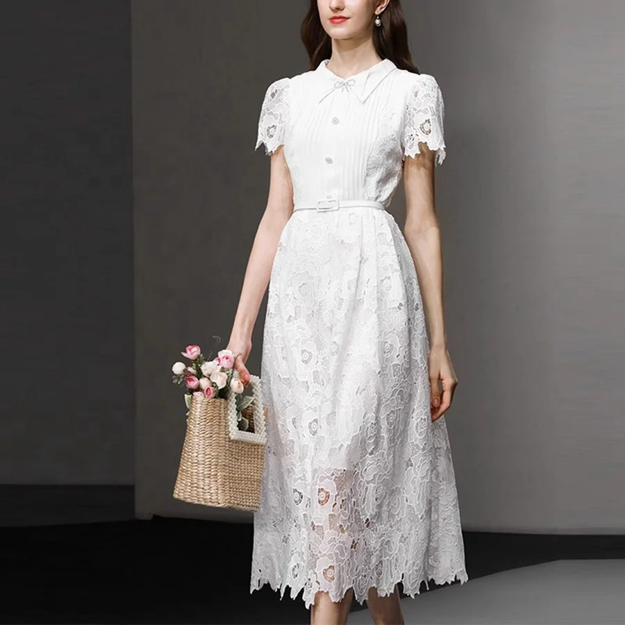 Elegant Banquet Dress 2024 Summer New Style French Lace Vintage Bubble Sleeves Wrapped Waist White Dress