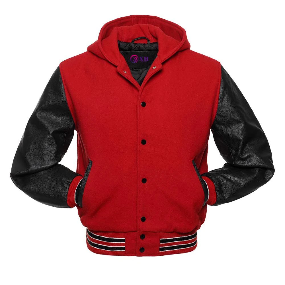 Leather sleeve Bomber Baseball Jacket Blank Plain College blue red Hoodies Jacket Varsity hood Jacket for Men